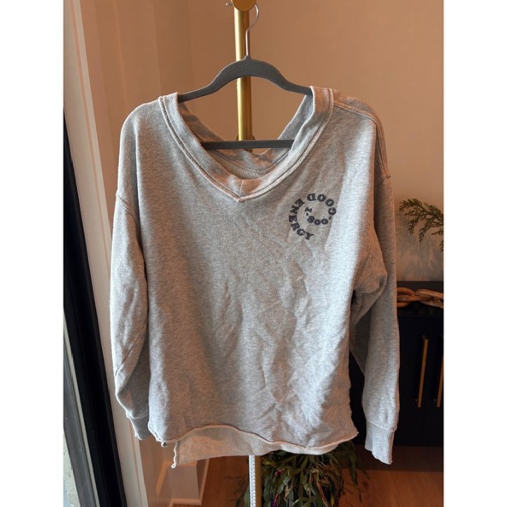Aerie Gray V Neck Long Sleeve Sweatshirt "1 800 GOOD ENERGY" Graphic-oversized S